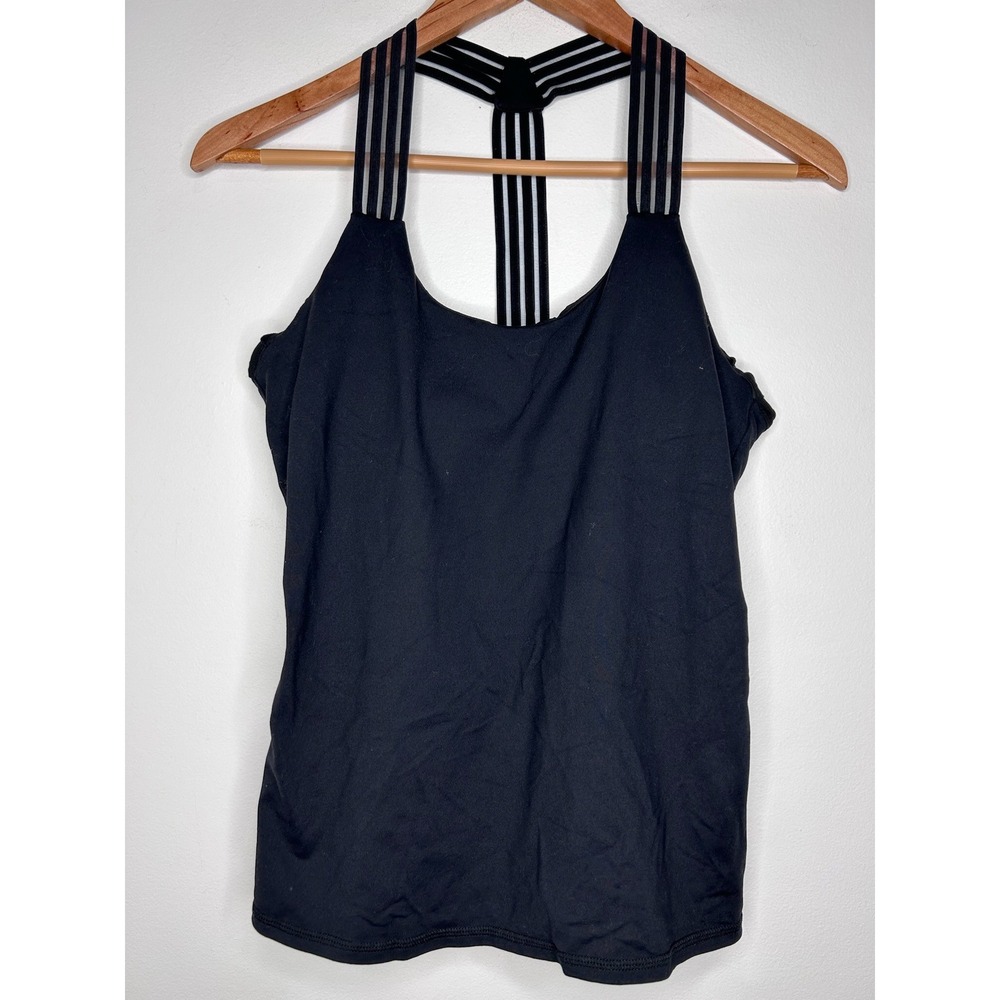 Alo Yoga Black Strappy T-Back Mesh Stripe Activewear Tank Top with Shelf Bra M